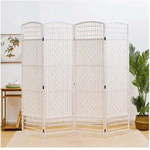 4 Panel Bamboo Mesh Woven Folding Room Screen Divider, Off White