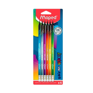 Maped Egonomic Three-Sided Pencils Black'Peps Energy with Eraser Head - HB Medium, Pack of 6