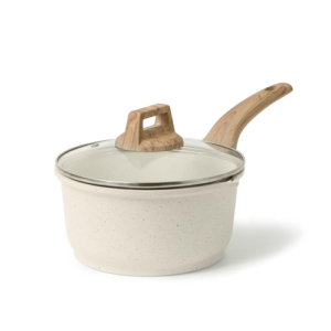 Hamilton Beach 2.4 Qt Forged Sauce Pan with Glass Lid, Beige Ceramic