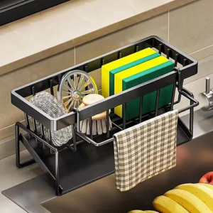 Metal Kitchen Sink Organizer with Sponge and Brush Holder, Cloth Hanging Rail