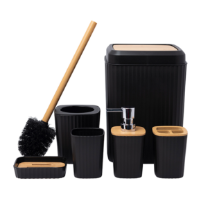 Liao 6pcs Plastic Bathroom Accessory Set with Natural Bamboo Accents, Black