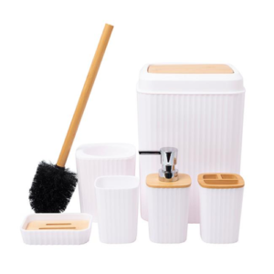 Liao 6pcs Plastic Bathroom Accessory Set with Natural Bamboo Accents, White